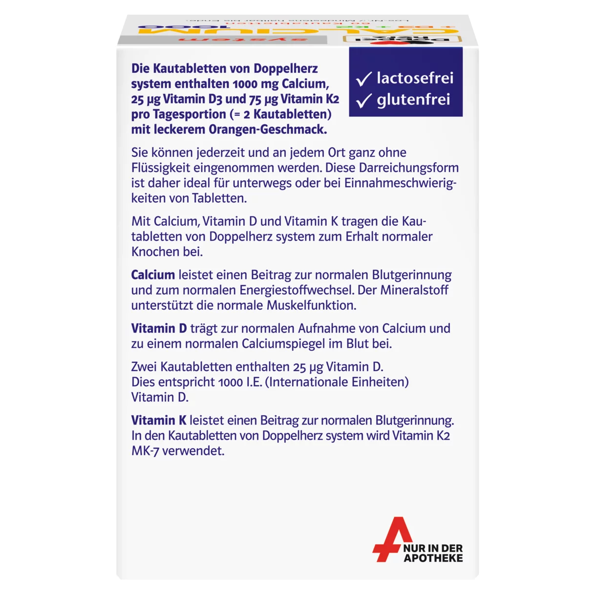Abbildung der Produktverpackung Doppelherz system CALCIUM 1000 + D3 + K2 Rückansicht